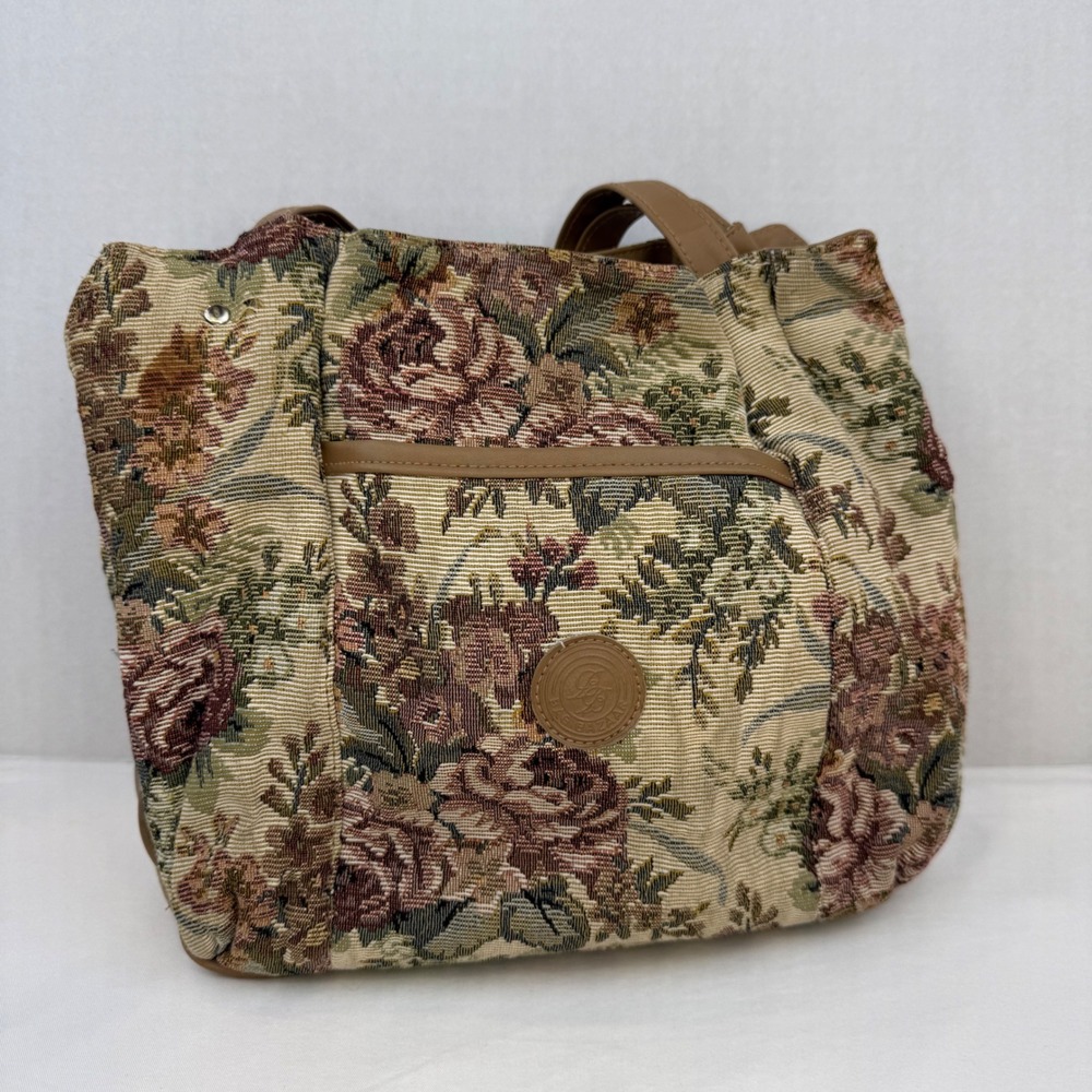 Vintage Bag Bazaar Floral Tapestry Tote Bag Triple Compartment Tan Rose
